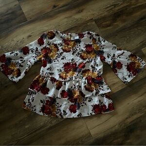 Time and Tru Floral Blouse with Red and Gold Accents